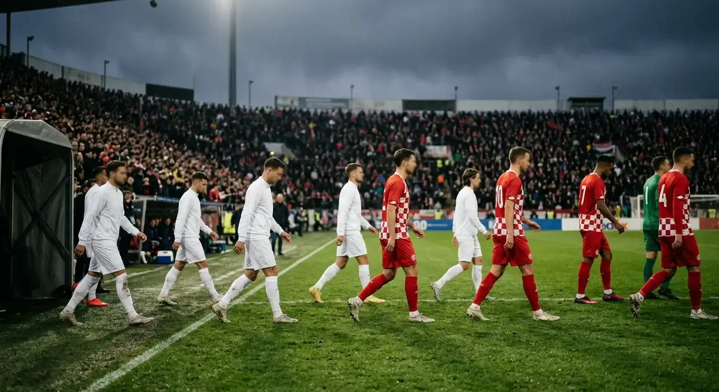 Piłkarze przed rozpoczęciem wieczornego meczu Mistrzostw Świata 2026 na oświetlonym stadionie