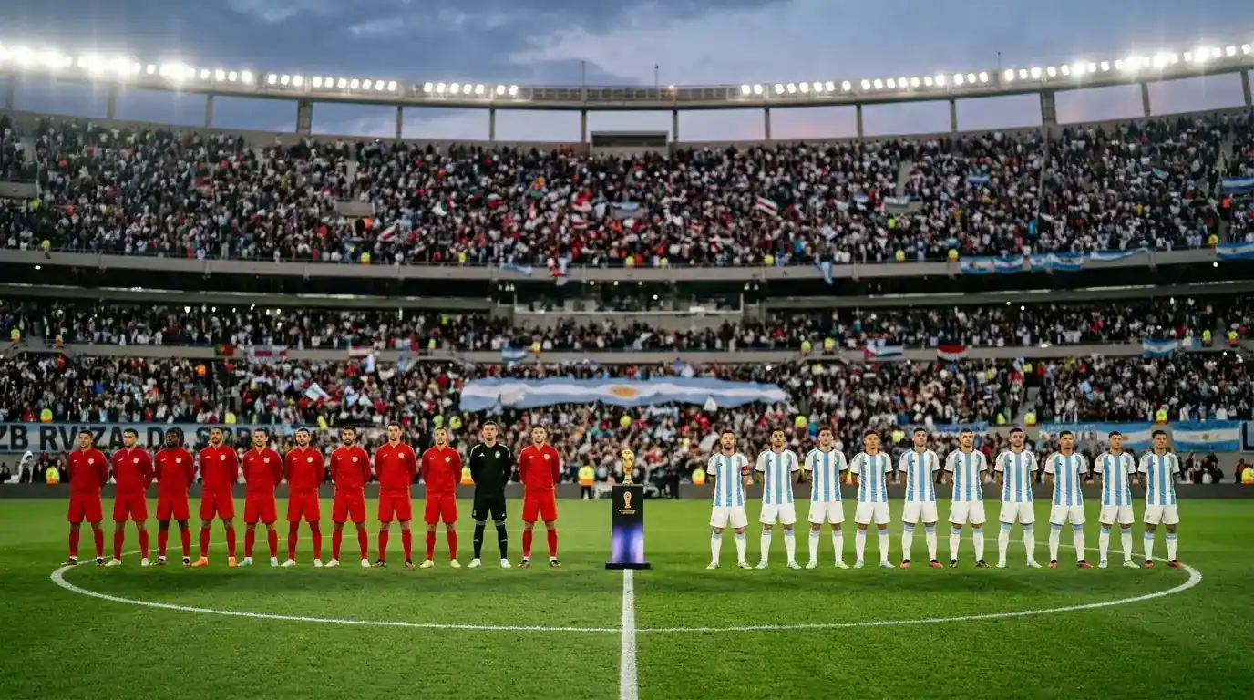 Piłkarze dwóch reprezentacji ustawieni na murawie wielkiego stadionu przed finałem, jedna drużyna w czerwieni, druga w błękitno-białych barwach, puchar na podeście na środku boiska