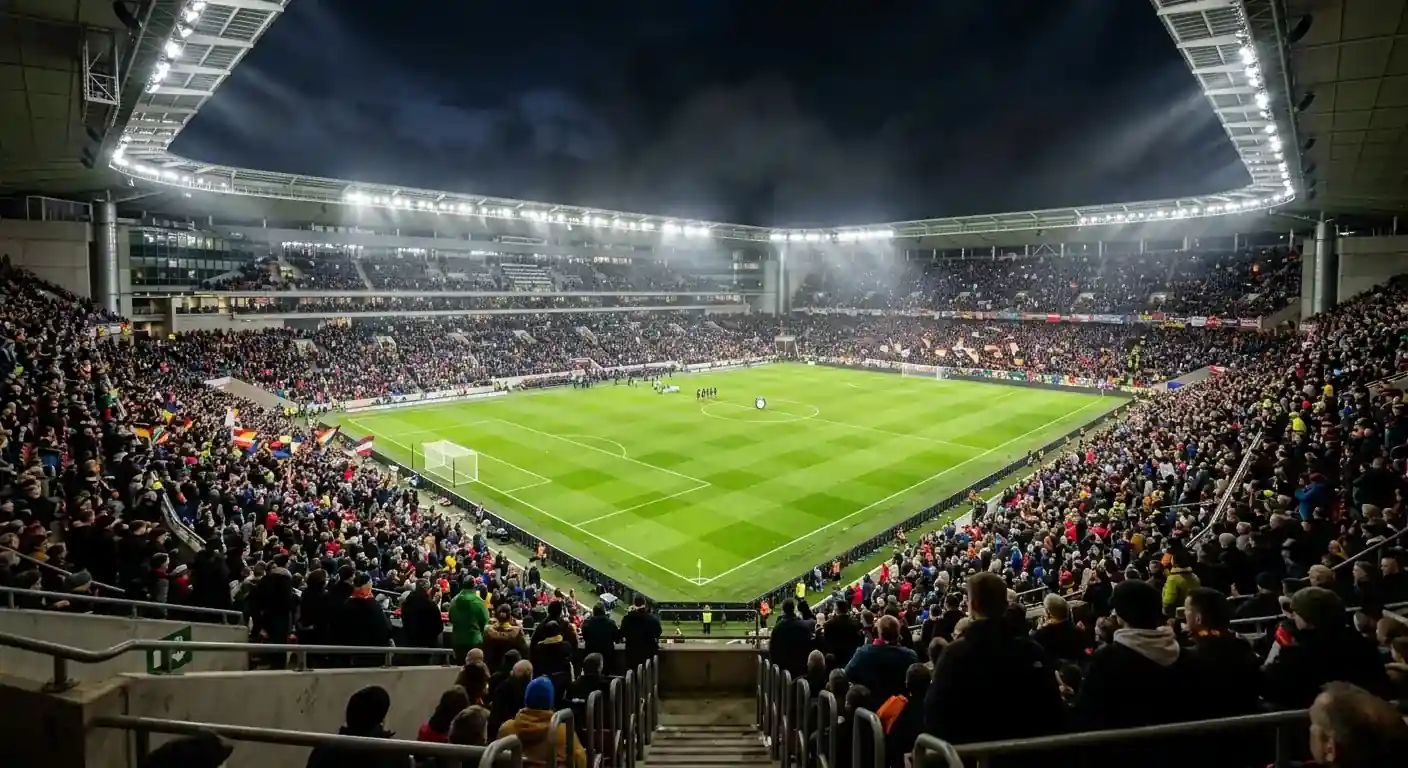 Stadion piłkarski nocą z włączonymi jupiterami podczas Mistrzostw Świata 2026