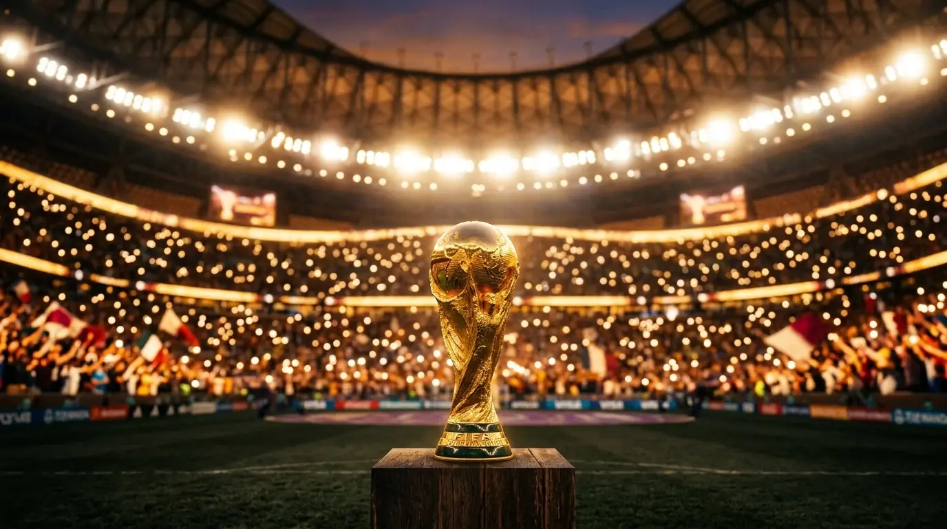 Trofeum mistrzostw świata w piłce nożnej na tle oświetlonego stadionu przed decydującą fazą turnieju