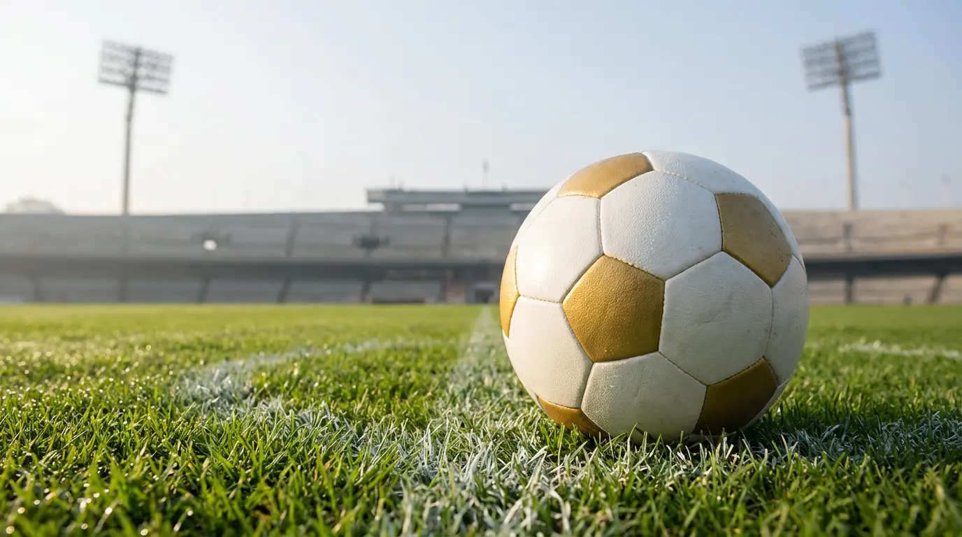 Oficjalna piłka turniejowa na zielonej murawie stadionu piłkarskiego przed meczem Mistrzostw Świata