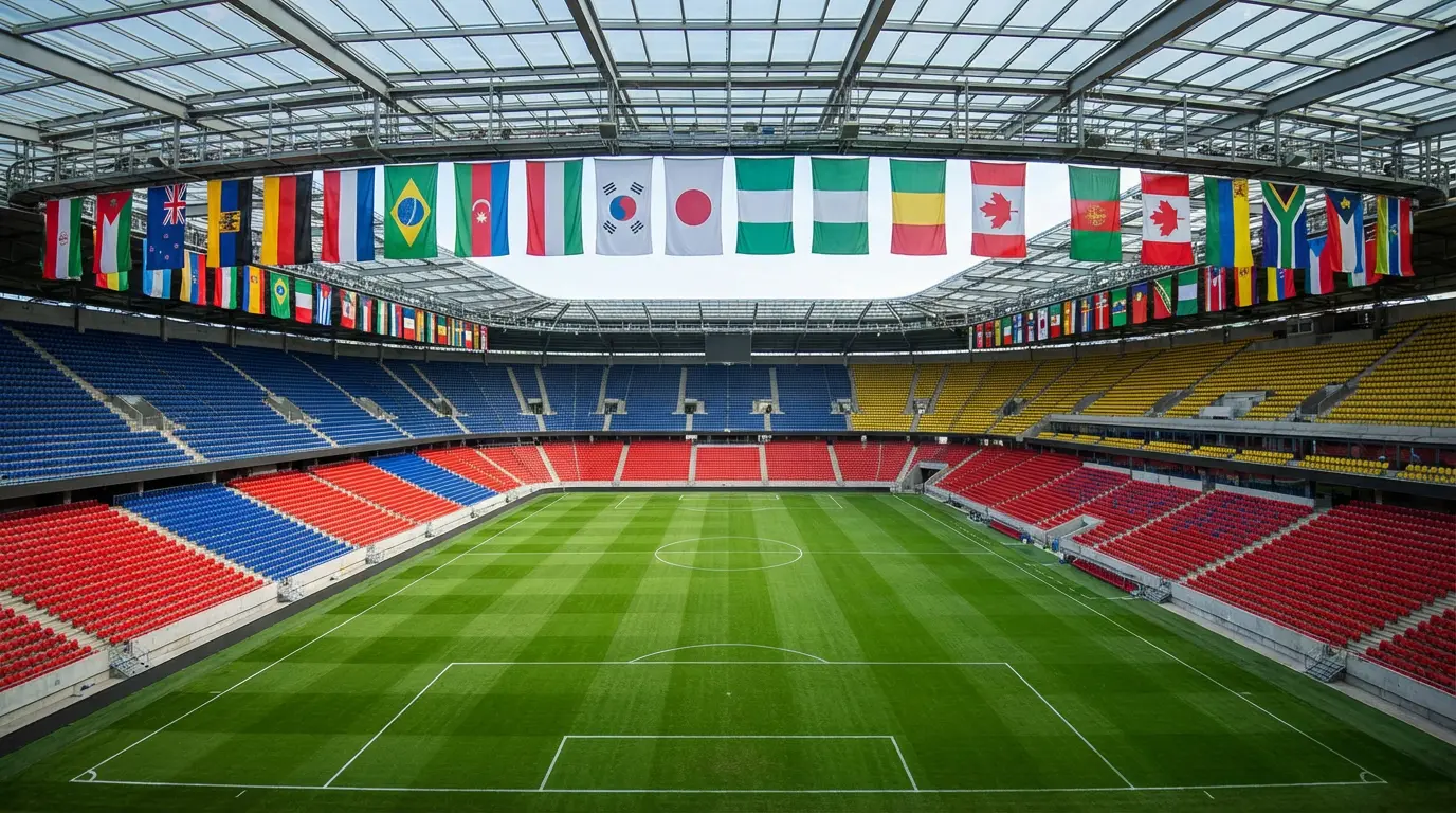 Stadion piłkarski z flagami 48 państw uczestniczących w Mistrzostwach Świata 2026