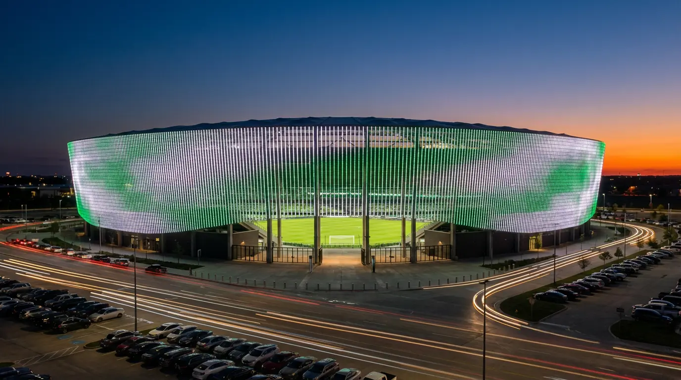 Nowoczesny stadion piłkarski oświetlony reflektorami wieczorem z rozłożoną zieloną murawą