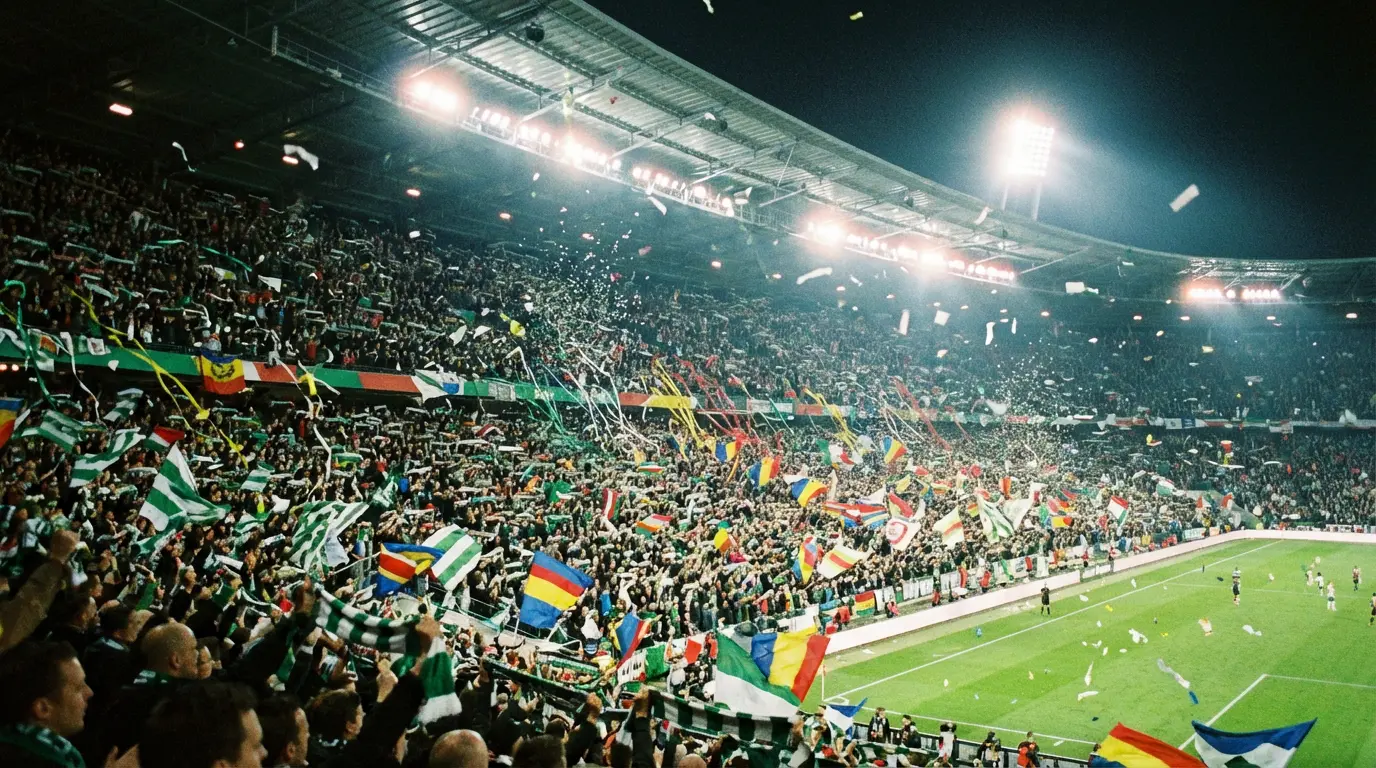 Wypełnione trybuny stadionu z kibicami w kolorowych szalikach podczas meczu Mistrzostw Świata 2026