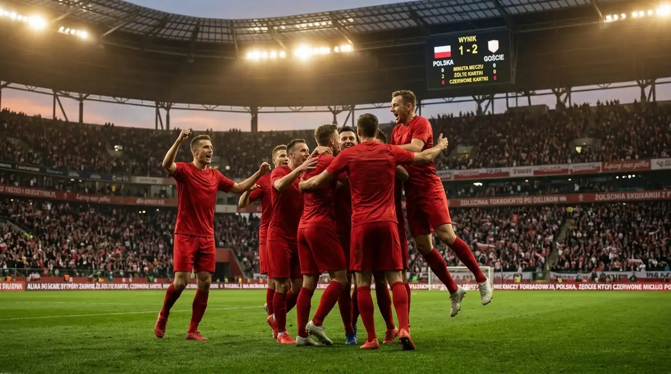 Piłkarze świętujący gol na oświetlonej murawie wielkiego stadionu podczas meczu Mistrzostw Świata 2026, kibice w tle