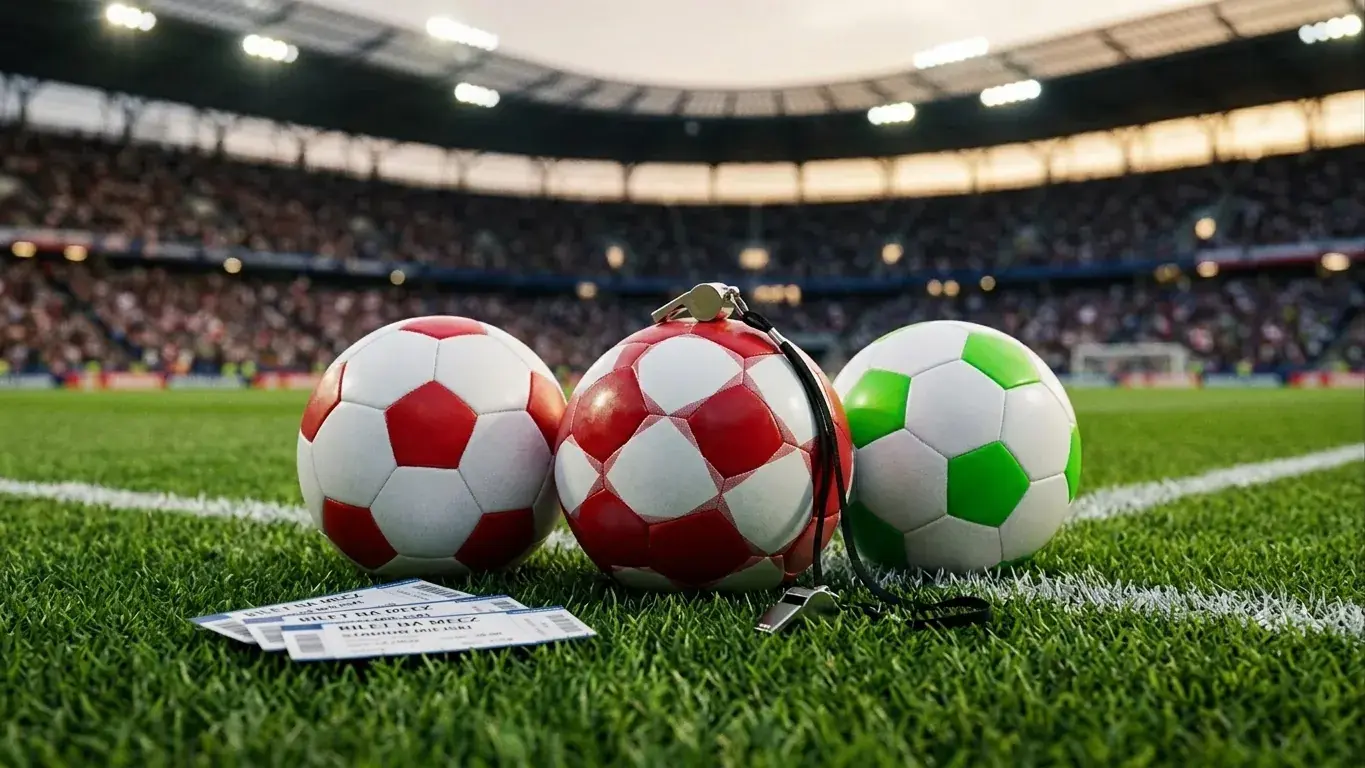 Trzy piłki ułożone obok siebie na tle stadionu o zmierzchu — symbol trzech meczów dnia MŚ 2026